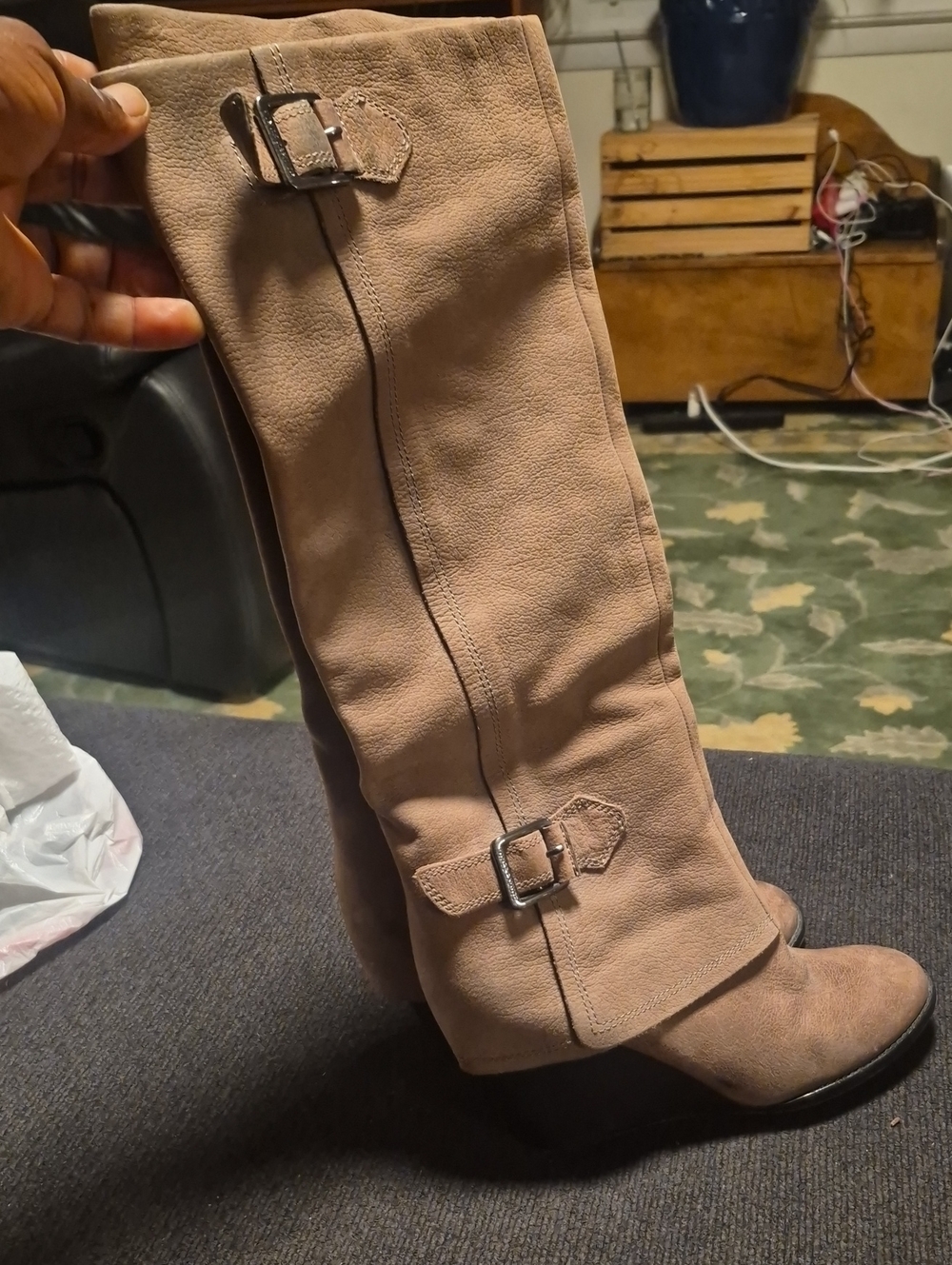 Vince Camuto Taupe Suede Knee-High Buckle Heeled Boots